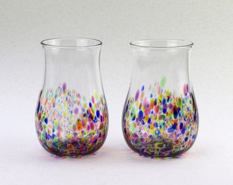 Hand Blown Rainbow Glass Tumblers: Swedish Multicolor Drinkware (Set of 2)