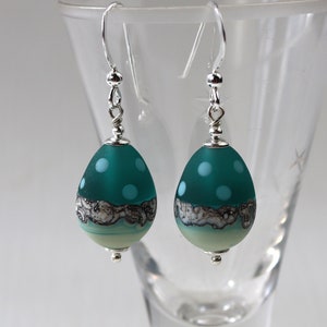 Easter Egg Earrings, Teal Green with Spots, Glass, Frosted, Sterling Silver, SRA, Lampwork Jewelry, Handmade by Marianne Degener