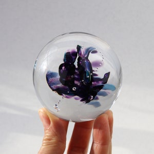 Large Glass Marble, Dark Purple & Green, Crystal Clear Glass, Black Base, One of a Kind, Collectors Item, by Marianne Degener