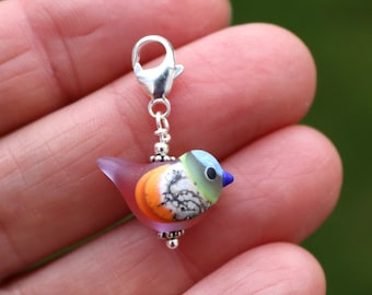 Lampwork Glass Bird Charm: Frosted Multi-Color Sterling Silver Clip
