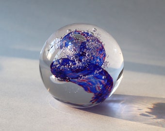 Hand Blown Glass Paperweight: Cobalt Blue & Pink Swirl, Signed