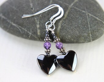 Hematite Heart Dangle Earrings: Amethyst Sterling Silver Accents