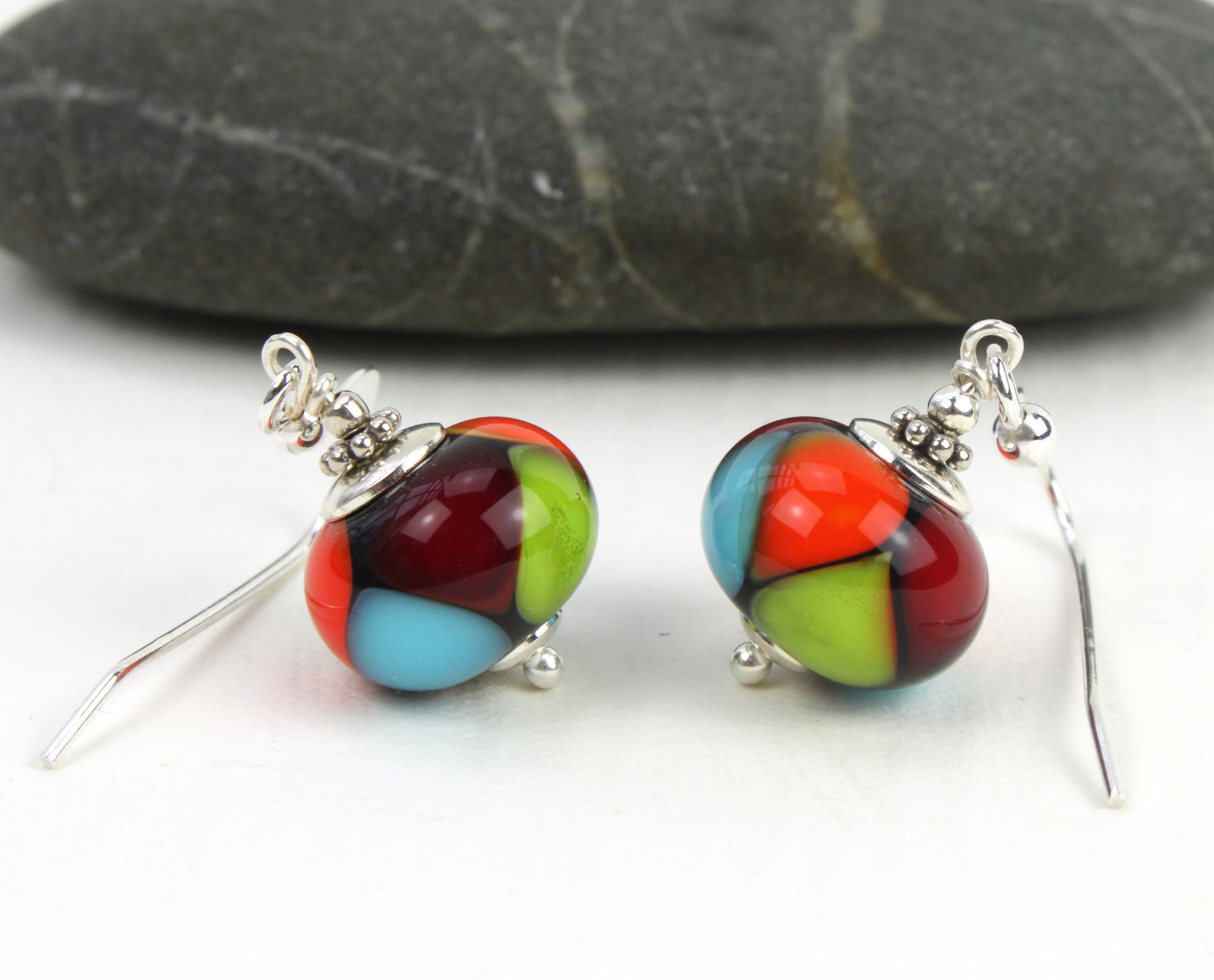 Multi colored Glass Earrings Sterling Silver Lampwork Etsy