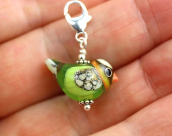 Lampwork Glass Bird Charm: Sterling Silver Clip, Handmade in Sweden