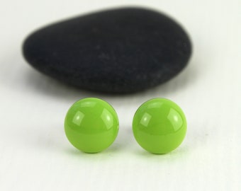 12 mm Studs, Lime Green Glass and Sterling Silver Stud Earrings, Fused Glass, Handmade, Glass Jewelry
