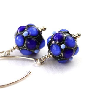 Artistic Blue & Black Glass Earrings, Long Loop Earrings, Lampwork,  Sterling Silver, Handmade by Marianne Degener