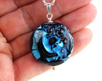 Focal Bead Pendant, Turquoise & Black, Medallion, SRA, Lampwork Lentil Bead, Glass Jewelry, Sterling Silver, Handmade by Marianne Degener