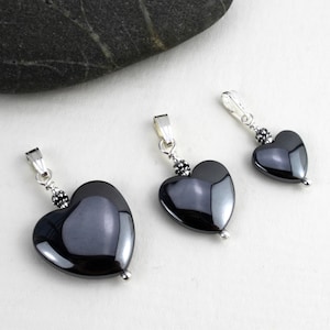 Hematite Heart Pendant with Sterling Silver, Big, Medium & Small Heart Pendant, Gemstone Pendant, Hematite, Stone Bead, Black Heart