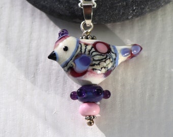 Beautiful Glass Bird Pendant necklace, SRA, Lampwork, Sterling Silver, One of a kind,  Handmade by Marianne Degener