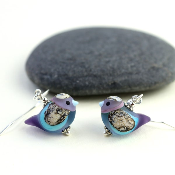 Cute Purple & Turquoise Glass Bird Earrings, Sterling Silver, SRA, Frosted, Lampwork Beads, Handmade in Sweden by Marianne Degener