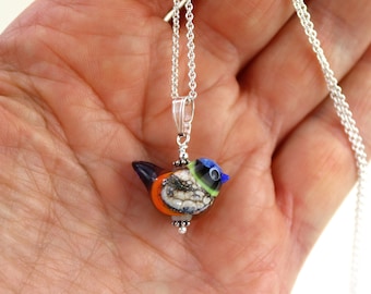 Sweet Multi Coloured Shiny Glass Bird necklace, SRA, Lampwork Glass, Sterling Silver, Handmade in Sweden by Marianne Degener