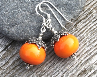Orange Pumpkin Glass Bead Earrings, Lampwork Jewelry, Sterling Silver, Dangle Earrings, Fall, Handmade, Glass Jewelry, Halloween