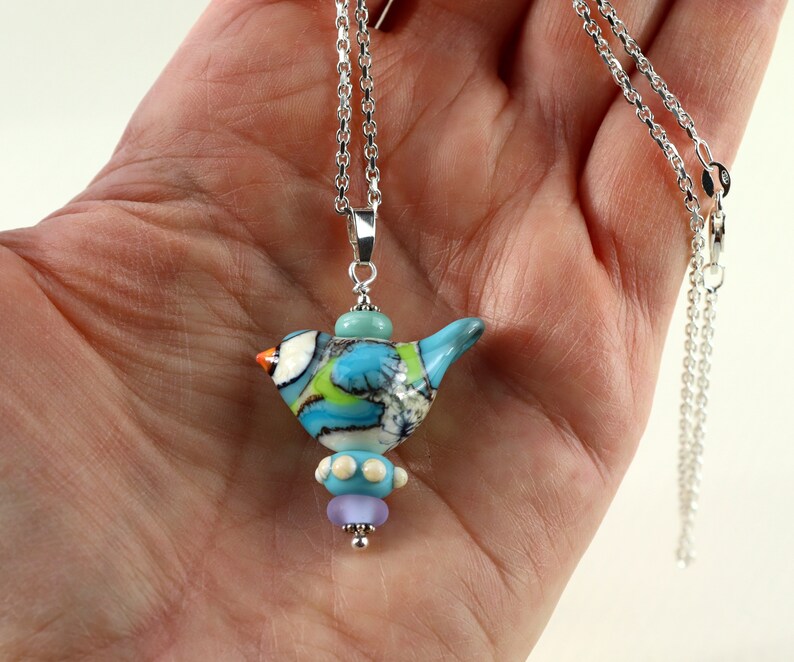 SRA Beautiful LARGE Swedish Woodland Fantasy Songbird Glass necklace One of a kind Handmade lampwork by Marianne Degener
