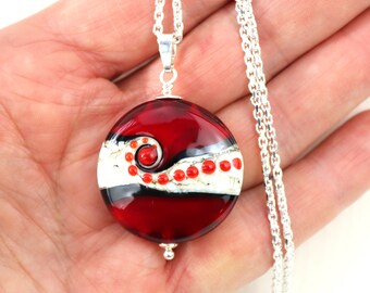 Fabulous Deep Red Glass Bead Pendant, SRA, Lampwork Jewelry, Sterling Silver, Glass Bead Lentil, Lampwork Glass, Swedish Handmade