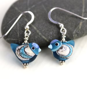 Turquoise & Silvered Ivory Glass Bird Earrings, Sterling Silver, SRA, Frosted Glass, Lampwork Beads, Handmade by Marianne Degener