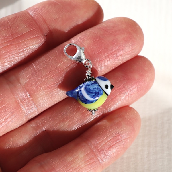 Cute Bluetit Glass Bead Charm with Sterling Silver Lobster Clip on Clasp, SRA, Lampwork, Handmade in Sweden by Marianne Degener