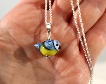 Sweet Bluetit Glass Bird necklace, SRA, Lampwork Glass, Sterling Silver, Handmade in Sweden by Marianne Degener