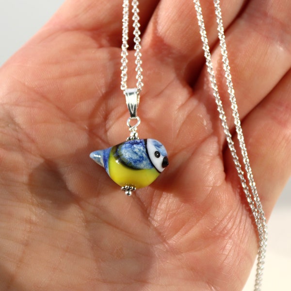 Sweet Bluetit Glass Bird necklace, SRA, Lampwork Glass, Sterling Silver, Handmade in Sweden by Marianne Degener