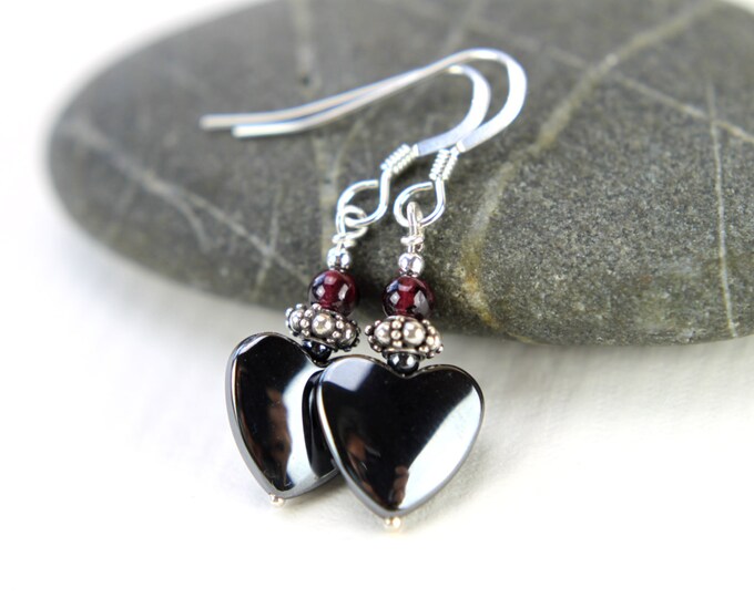 Hematite Heart & Garnet Earrings, Sterling Silver OR Titanium ...
