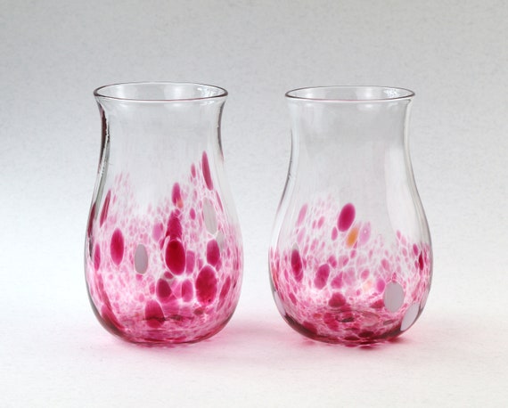 2 Large Hand Blown Glass Tumblers Pink Juice Glasses Water