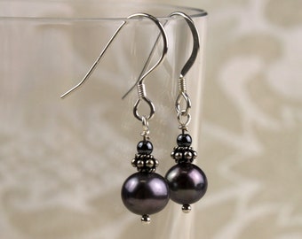 Dainty Grey Fresh Water Pearl Earrings,  Sterling Silver