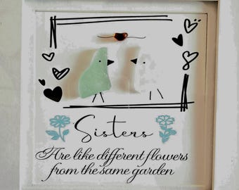 Handmade Sea Glass Art: Sisters - Framed Beach Glass Decor