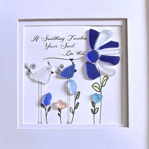 Sea Glass pebble Art: Handmade Friendship Decor with birds and large flower - 8x8 Framed