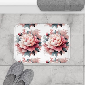Colorful Peony Bath Mat, Floral Bathroom Decor, Pretty Flower Non-Slip Rug, Pink Petal Shower Mat, Soft Absorbent Floor Carpet, Botanical