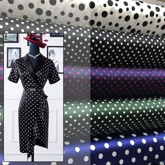 Timeless 0.8cm Polka Dot Print Silk Elastic Satin Fabric, Vintage Dot Print Silk for Dresses, Blouses, Apparel，Available in Multiple Colors