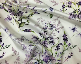 Tissu satin de soie extensible 19 mm, base blanche, imprimé papillon floral violet, tissu de soie de mûrier pour chemisier