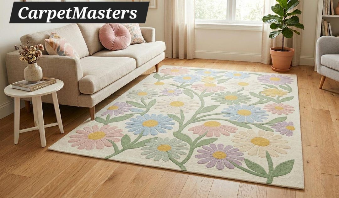 Pastel Daisy Floral Rug Handmade Tufted Wool Area Carpet Vintage Spring ...