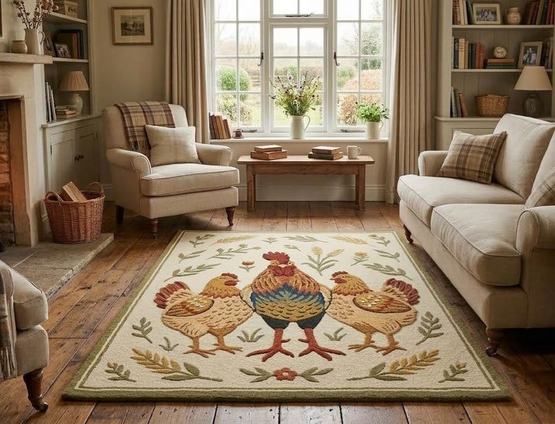Rustic Folk Chicken Rug Farmhouse Chicken Handmade Tufted Wool Area Rug Rustic Rooster Hen ...
