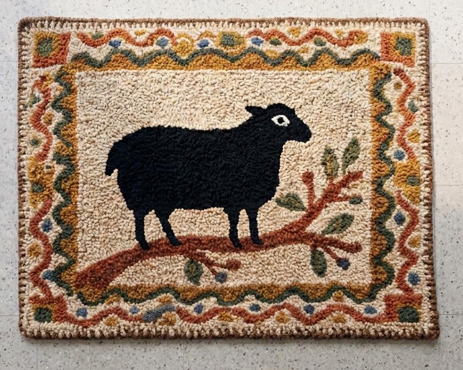 Primitive Wool Rugs Primitive Black Sheep Hand Hooked Rug, Wool Animal Folk Art Area Carpet ...