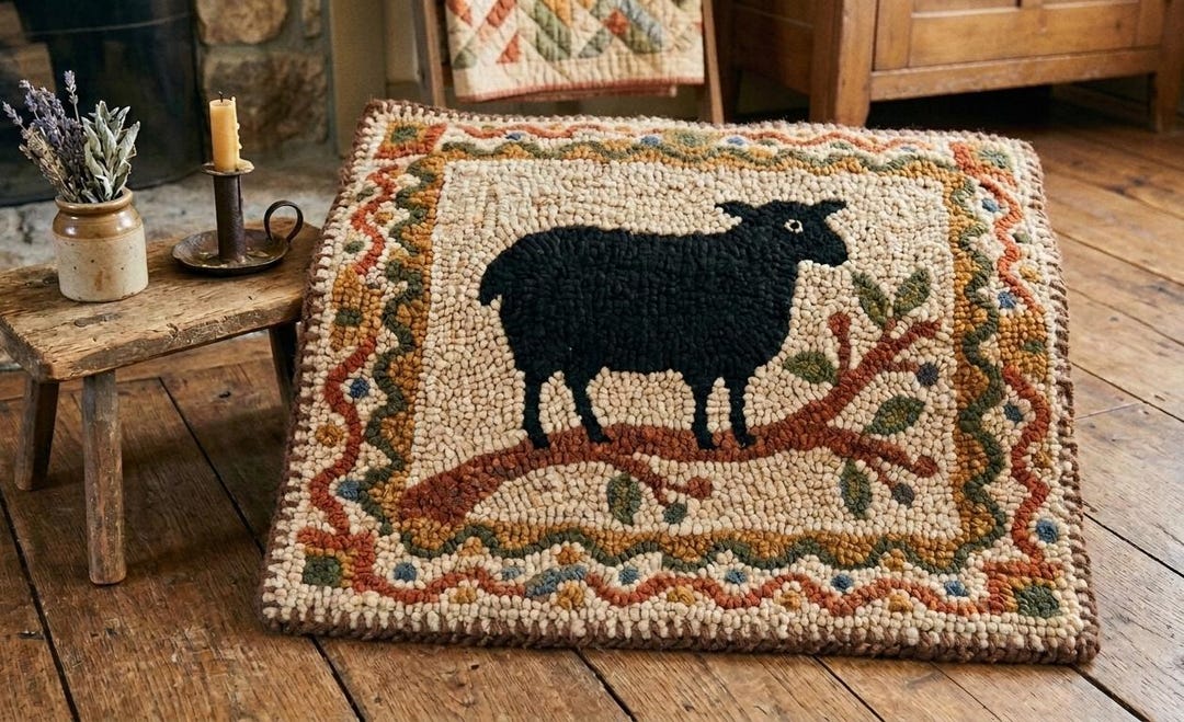 Primitive Wool Rugs Primitive Black Sheep Hand Hooked Rug, Wool Animal Folk Art Area Carpet ...