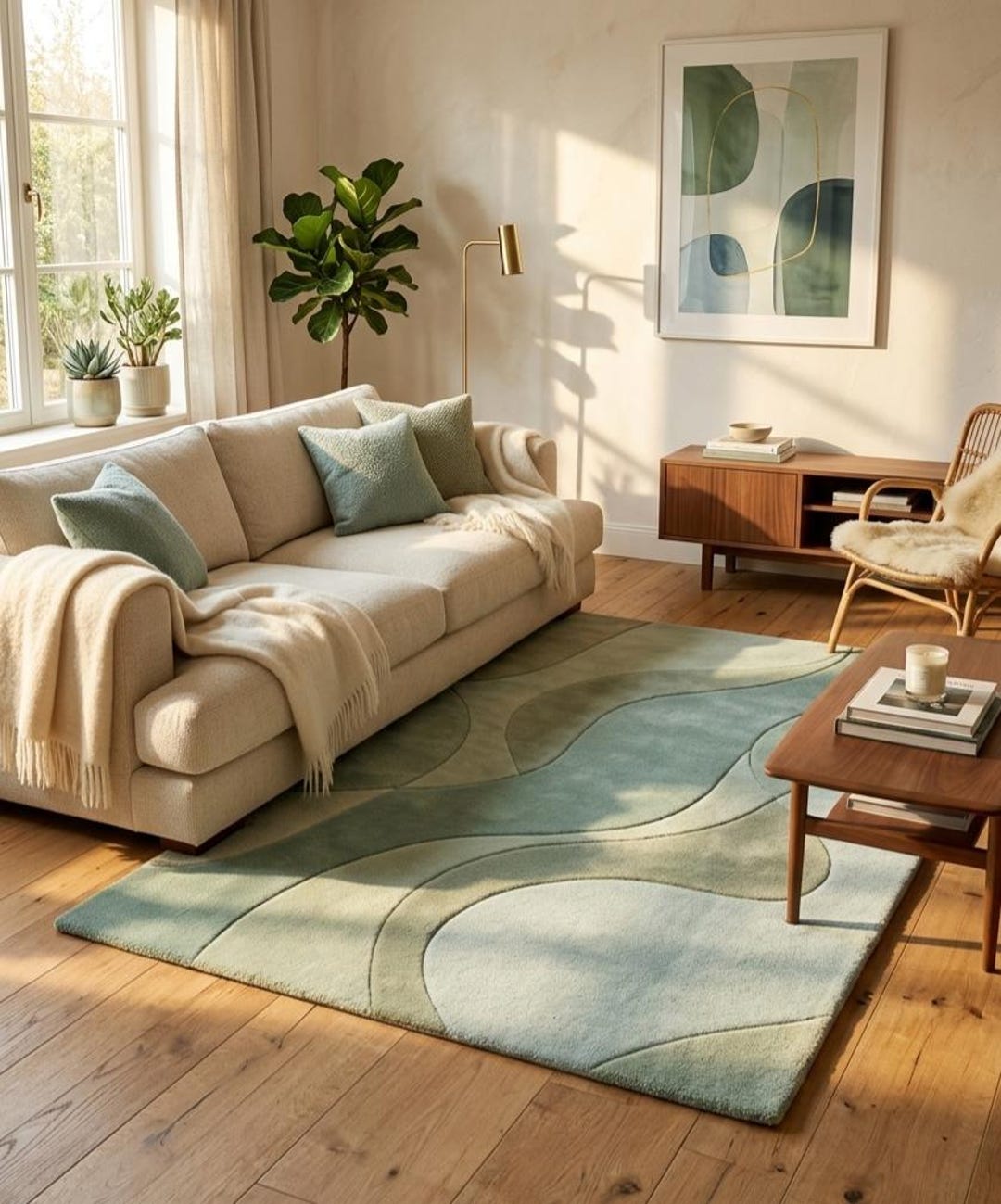 Modern Abstract Wave Tufted Rug Sage Green Neutral Luxury Handmade ...