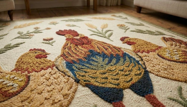 Chicken Rug Colorful Farmhouse Chicken Handmade Tufted Wool Area Rug Rustic Rooster Hen ...