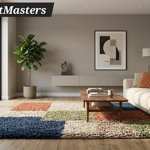 Modern Geometric Patchwork Rug Handmade Tufted Wool Area Carpet Blue Green Brown Cream Decor