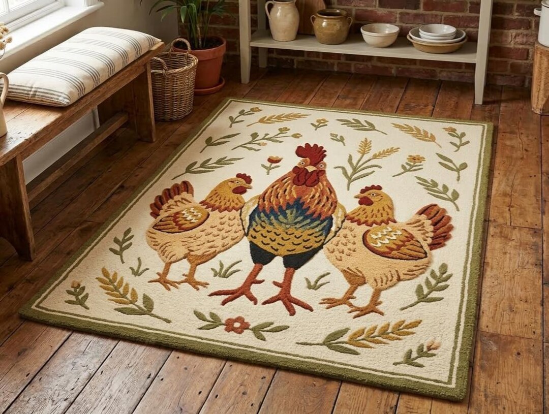 Hen Rug Farmhouse Chicken Handmade Tufted Wool Area Rug Rustic Rooster Hen ...