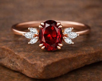 Oval Garnet Engagement Ring, Leaf Side Stone Ring, Rose Gold Garnet Ring, Vintage Floral Ring, Unique Promise Ring