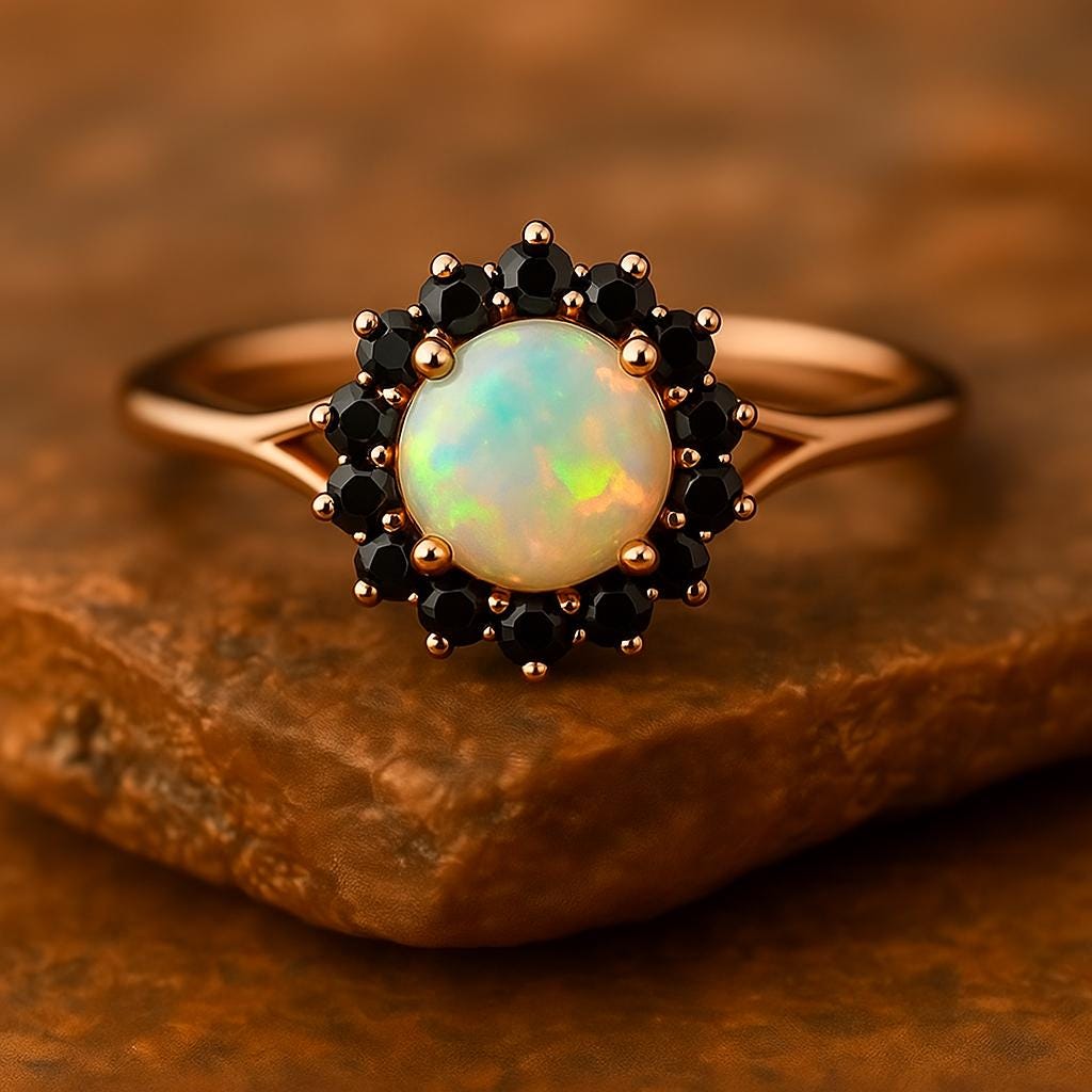 opal gemstone black opal rose gold ring Opal Black Spinel Ring Rose Gold Halo Engagement Ring