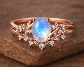 Förlovningsring med månsten i roséguld | Oval ring med blommigt blad och månsten | Vintage naturinspirerad ring för kvinnor, födelsesten i juni