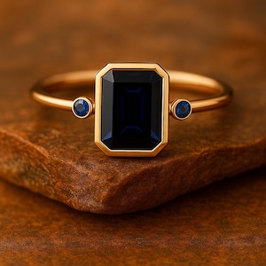 Emerald Cut Blue Sapphire 14K Gold Ring: Minimalist September Birthstone