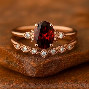 May include: A rose gold ring set with a large, oval-cut, deep red gemstone. The main ring has a floral design with small, clear accent stones. The matching band features a repeating pattern of small, clear stones. The rings are displayed on a brown surface.