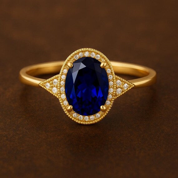 Oval Blue Sapphire Engagement Ring: Diamond Halo, 14k Gold, Vintage Style