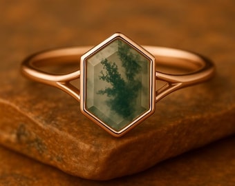 Hexagon Moss Agate Ring: Rose Gold Sterling Silver, Nature Inspired