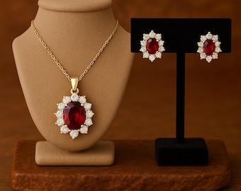 Granathänge och örhängen i set: Smycken med röda ädelstenar i sterlingsilver