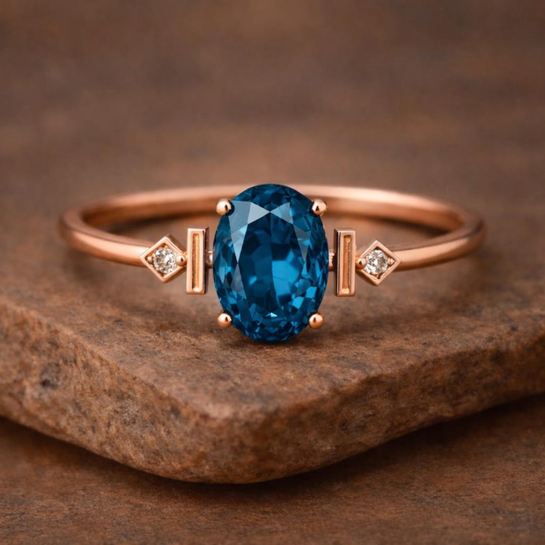 Oval Blue Topaz Ring 14k Rose Gold | Minimalist Geometric Engagement ...