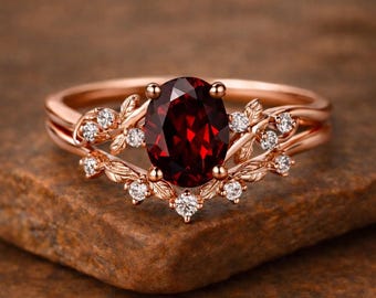 Oval Garnet Engagement Ring, Rose Gold Leaf Ring, Vintage Nature Inspired Ring, Red Gemstone Floral Ring, Gift for Her Natural Garnet ring