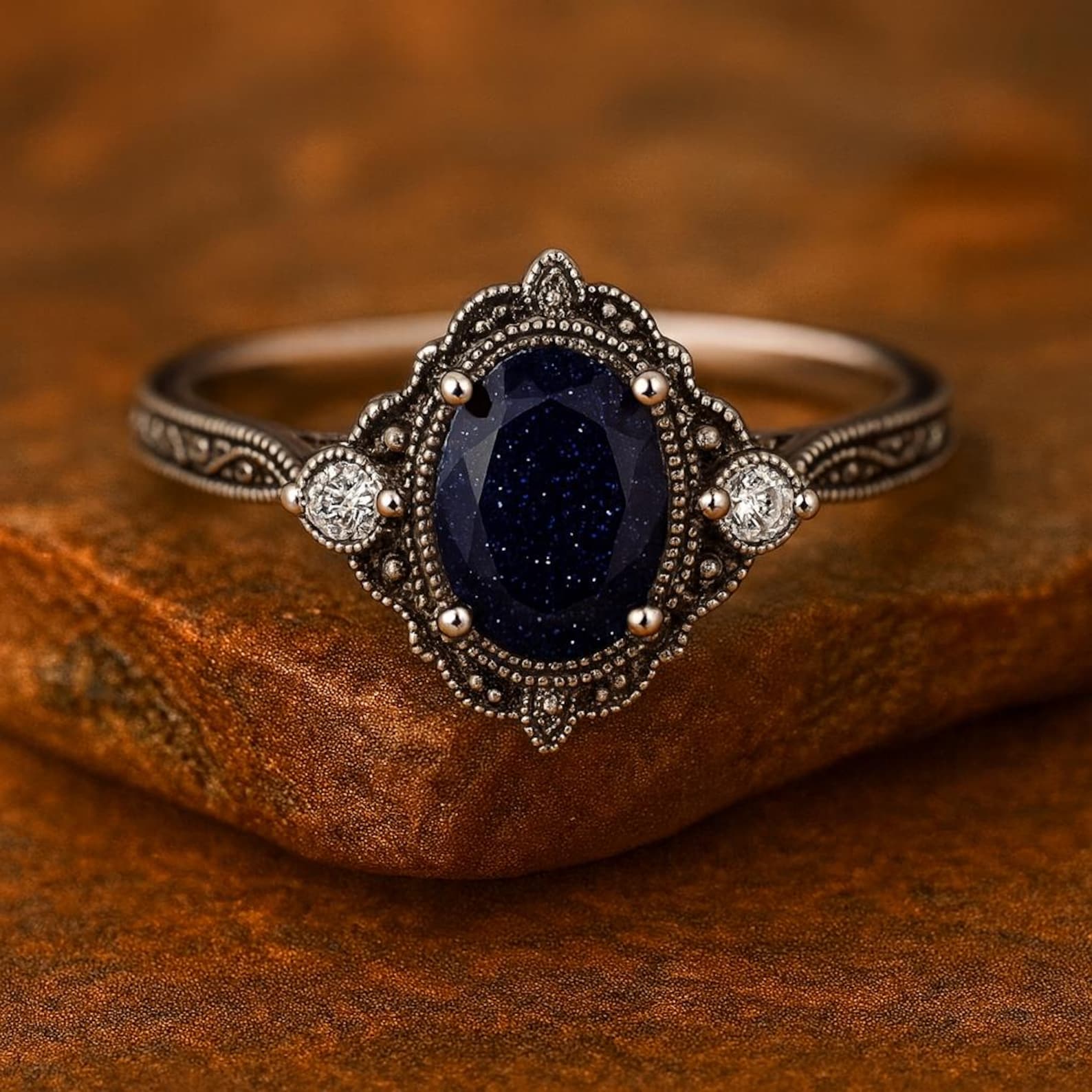 Art Deco Sandstone Ring: Sterling Silver Filigree, Moissanite Accents ...