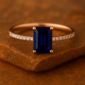 Emerald Cut Blue Sapphire Ring: 14K Rose Gold, Vintage Promise Ring